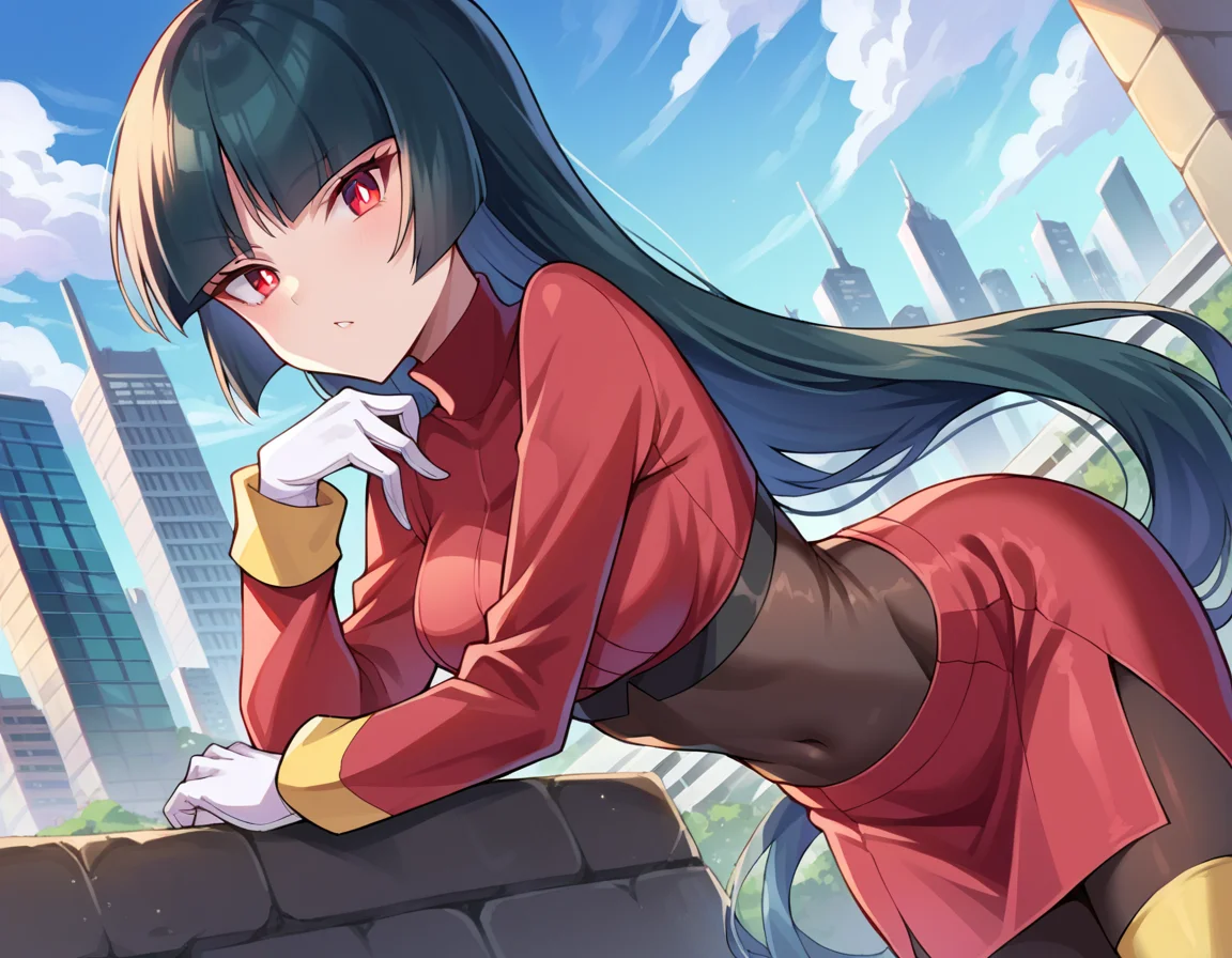score_9, score_8_up, score_7_up, source_anime,
pokemonsabrina, <lora:pokemon-sabrina-ponyxl-lora-nochekaiser:1>
pokemonsabrina, black hair, long hair, bangs, blunt bangs, red eyes, hime cut, sidelocks, white pupils,
jacket, crop top, bodysuit, covered navel, midriff, red jacket, turtleneck, side slit, gloves, white gloves, long sleeves, pantyhose, skirt, red skirt, boots, red boots, socks, yellow socks, knee socks,
outdoors, cityscape, bent over,
looking at viewer, cowboy shot, dutch angle,