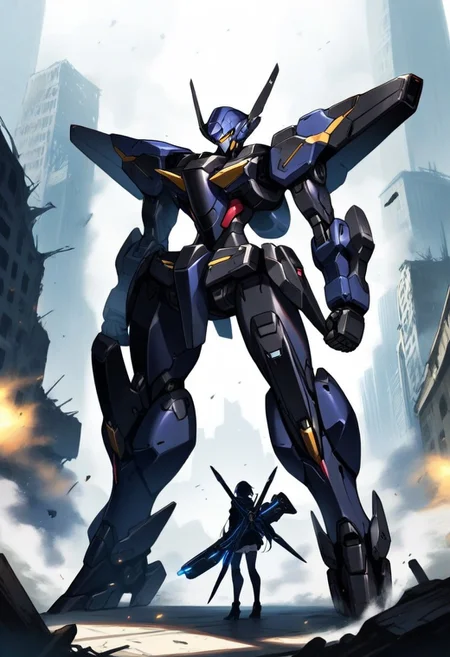 cf_style, mecha, standing, bulky body, energy cannons on back, ruined city background, masterpiece, high score, best quality, absurdres,