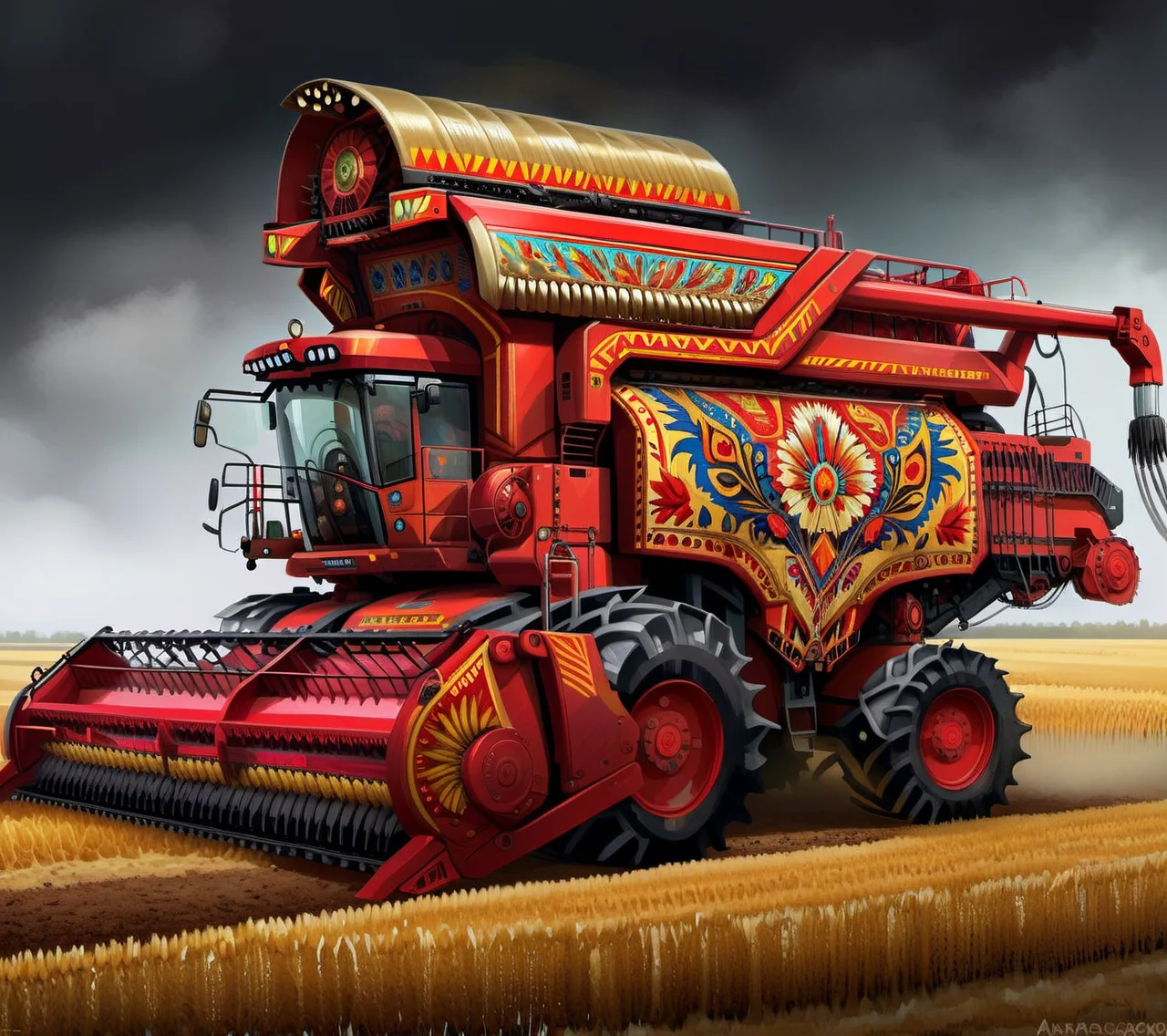<lora:CulturePunkAI_2:.9>KazakPunkAI combine harvester Highly detailed, amazing, Impressive lighting, vibrant colors, Ultra Realistic, High quality, Highly detailed, trending on artstation