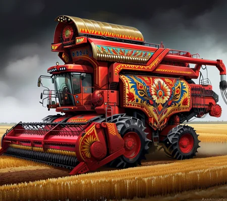 <lora:CulturePunkAI_2:.9>KazakPunkAI combine harvester Highly detailed, amazing, Impressive lighting, vibrant colors, Ultra Realistic, High quality, Highly detailed, trending on artstation