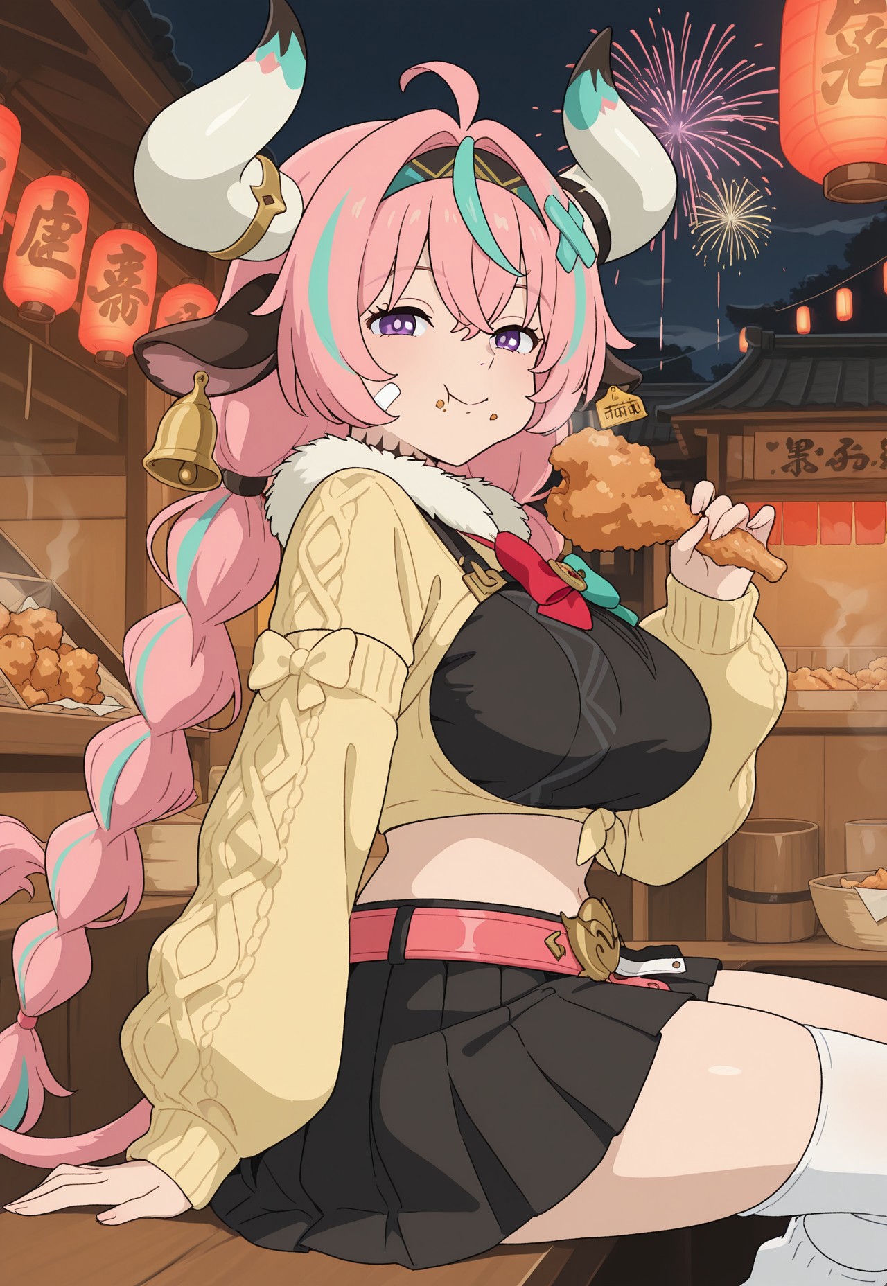 (studio_ghibli), flat color, anime coloring,
solo, three quarter view, cowboy shot, sitting, market, market stall, at counter, paper lantern, eating, holding fried chicken, puffy cheeks, (happy), [smile, half-closed eyes], food on face, [turning head], looking at viewer,
food, smoke, night, fireworks, east asian architecture,
v4r3s4, [large breasts, cow girl, cow horns, mismatched horns, multicolored horns, bandaid on horn, cow tail, pink tail, cow ears, purple eyes, two-tone hair, pink hair, aqua hair, streaked hair, ahoge, hair intakes, hair between eyes, crossed bangs, twintails, twin braids, x hair ornament, long hair, horn ornament, ear bell, neck tattoo, multicolored hairband, bandaid on cheek],
[two-tone bowtie, fur-trimmed sweater, yellow sweater, tied sweater, cropped sweater, clothing cutout, black tank top, detached sleeves, long sleeves, pink belt, black skirt, pleated skirt, miniskirt, asymmetrical legwear, single thighhigh, white leg warmers],
detailed background,
[masterpiece, best quality, absurdres, very aesthetic, dynamic pose]