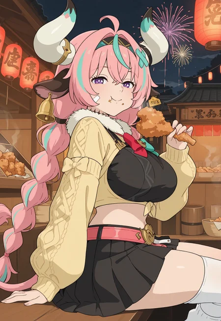 (studio_ghibli), flat color, anime coloring,
solo, three quarter view, cowboy shot, sitting, market, market stall, at counter, paper lantern, eating, holding fried chicken, puffy cheeks, (happy), [smile, half-closed eyes], food on face, [turning head], looking at viewer,
food, smoke, night, fireworks, east asian architecture,
v4r3s4, [large breasts, cow girl, cow horns, mismatched horns, multicolored horns, bandaid on horn, cow tail, pink tail, cow ears, purple eyes, two-tone hair, pink hair, aqua hair, streaked hair, ahoge, hair intakes, hair between eyes, crossed bangs, twintails, twin braids, x hair ornament, long hair, horn ornament, ear bell, neck tattoo, multicolored hairband, bandaid on cheek],
[two-tone bowtie, fur-trimmed sweater, yellow sweater, tied sweater, cropped sweater, clothing cutout, black tank top, detached sleeves, long sleeves, pink belt, black skirt, pleated skirt, miniskirt, asymmetrical legwear, single thighhigh, white leg warmers],
detailed background,
[masterpiece, best quality, absurdres, very aesthetic, dynamic pose]