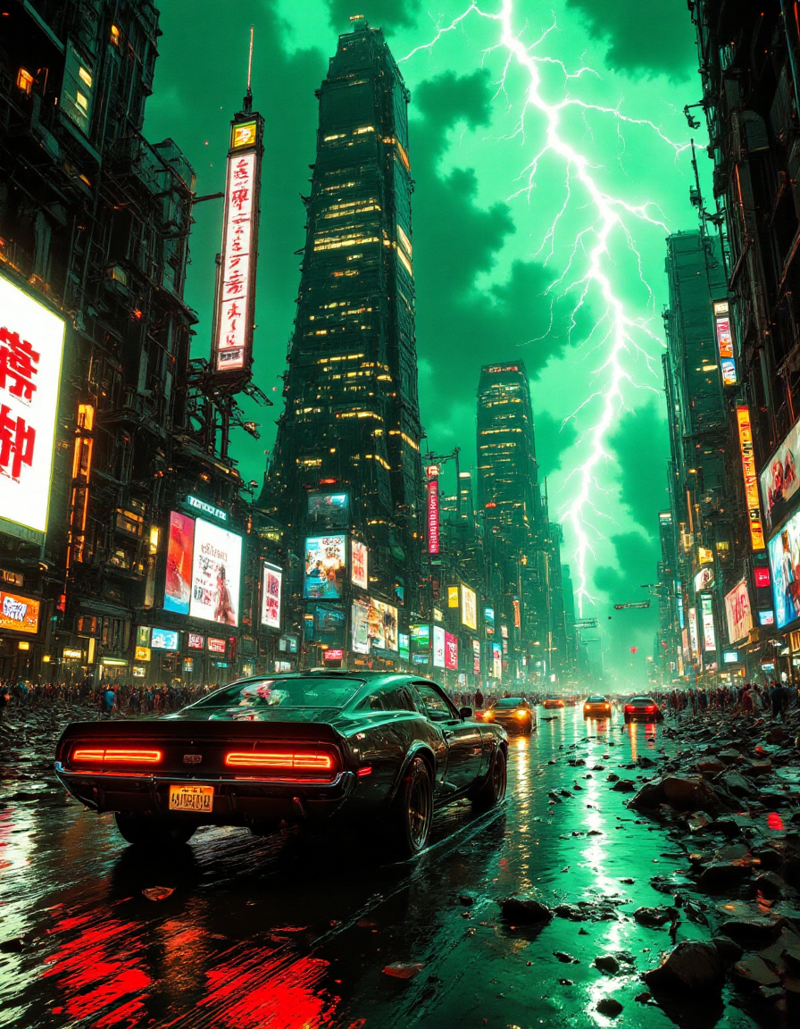 A dystopian cyberpunk city in ruins, with towering skyscrapers covered in neon remnants, partially collapsed. The air is thick with green mist and acid rain. A powerful, retro-futuristic muscle car with red glowing taillights speeds through the flooded, debris-covered streets. Lightning cracks the sky, illuminating the decayed landscape. Broken billboards flicker faintly, hinting at a lost world of corporate dominance. The environment is gritty, dark, and cinematic, evoking themes of survival and chaos