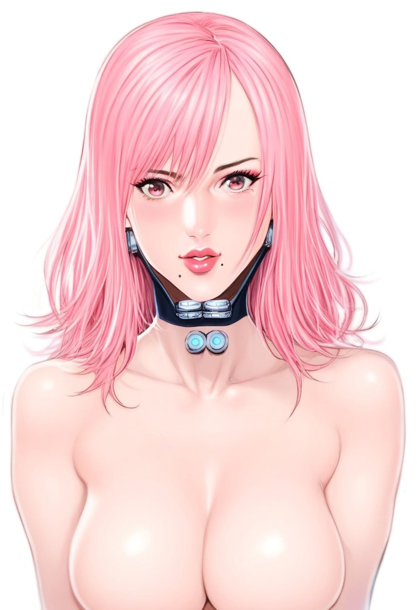 score_9, score_8_up, score_7_up, hiroya_oku_gantz_style, 1girl, pink hair, solo, choker, makeup, cross, cosmetics, mirror, lipstick, mole, simple background, white background