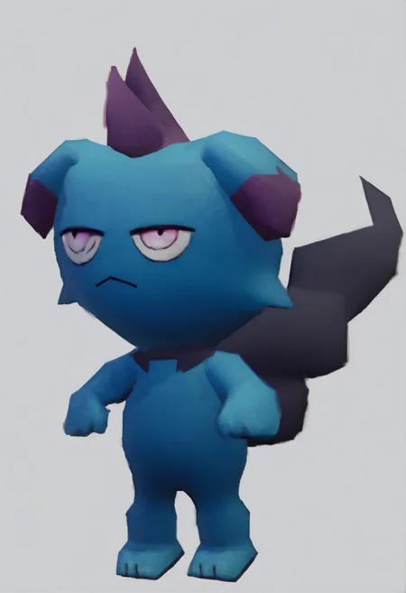 score_9, score_8_up, score_7_up, source_anime BREAK 1boy, solo,
<lora:zs_N64ZeldaStyleXL:1> n64zeldastyle, 3d, polygonal, white background, full body, Depresso, blue body, purple hair, pink eyes, black tail