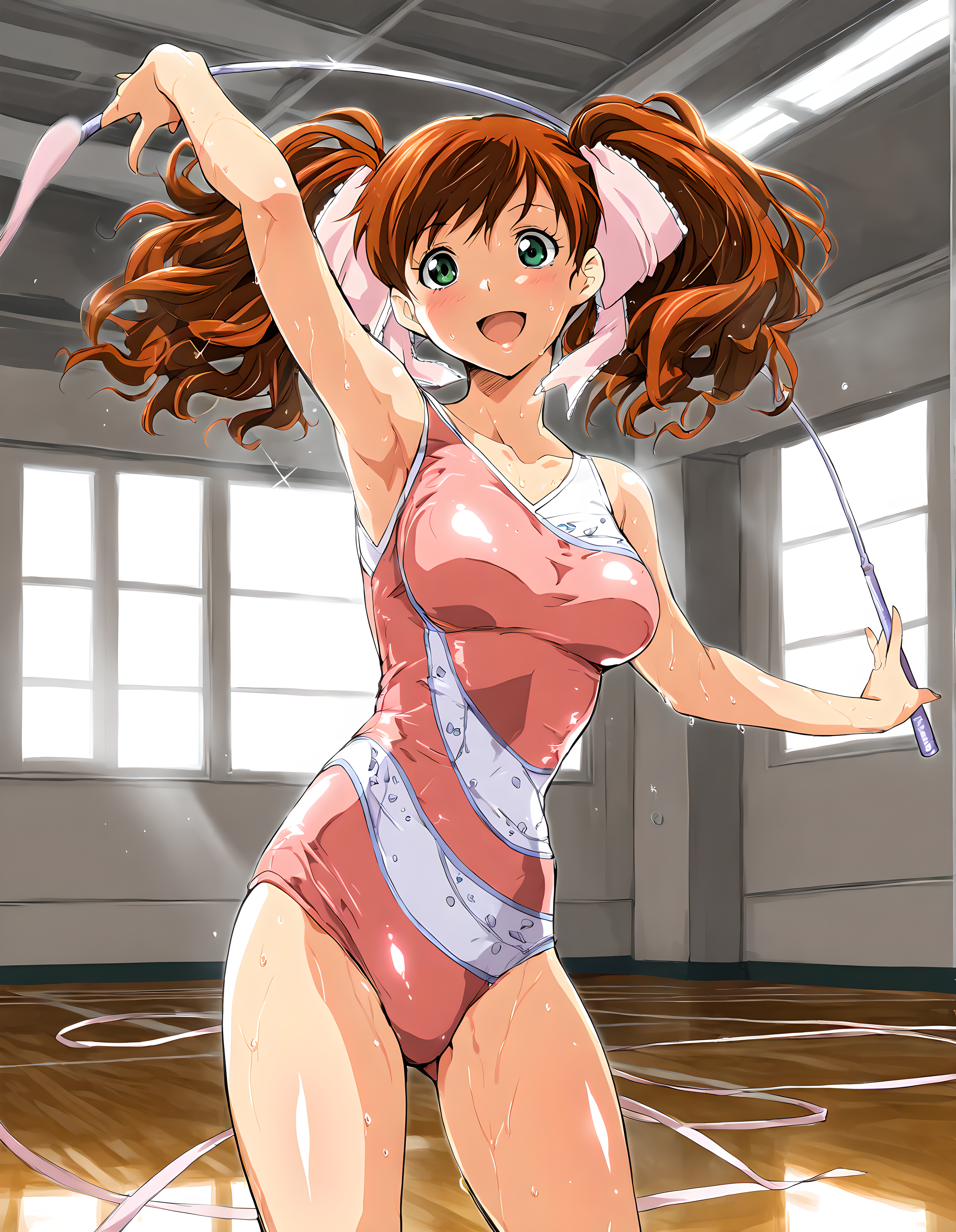 <lora:illustrious_XL_asahina_v2:0.9>,asahina,masterpiece,best quality,good quality,1girl,solo,day,indoor,gymnasium,rhythmic gymnastics,cowboy_shot,smile,:d,sweat,fine_fabric_emphasis,wrinkling of clothes,shiny clothes,available light,light leaks,