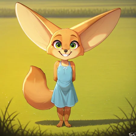 Abby(C), solo, 1girl, anthro, female furry, fox, foxgirl, Fennec fox, tan fur, fox tail, large ears, green eyes, shortstack, full body, looking at viewer, flat chested, standing, blue dress, sleeveless, smiling, excited look, grass field background, sunny, hands behind back,
