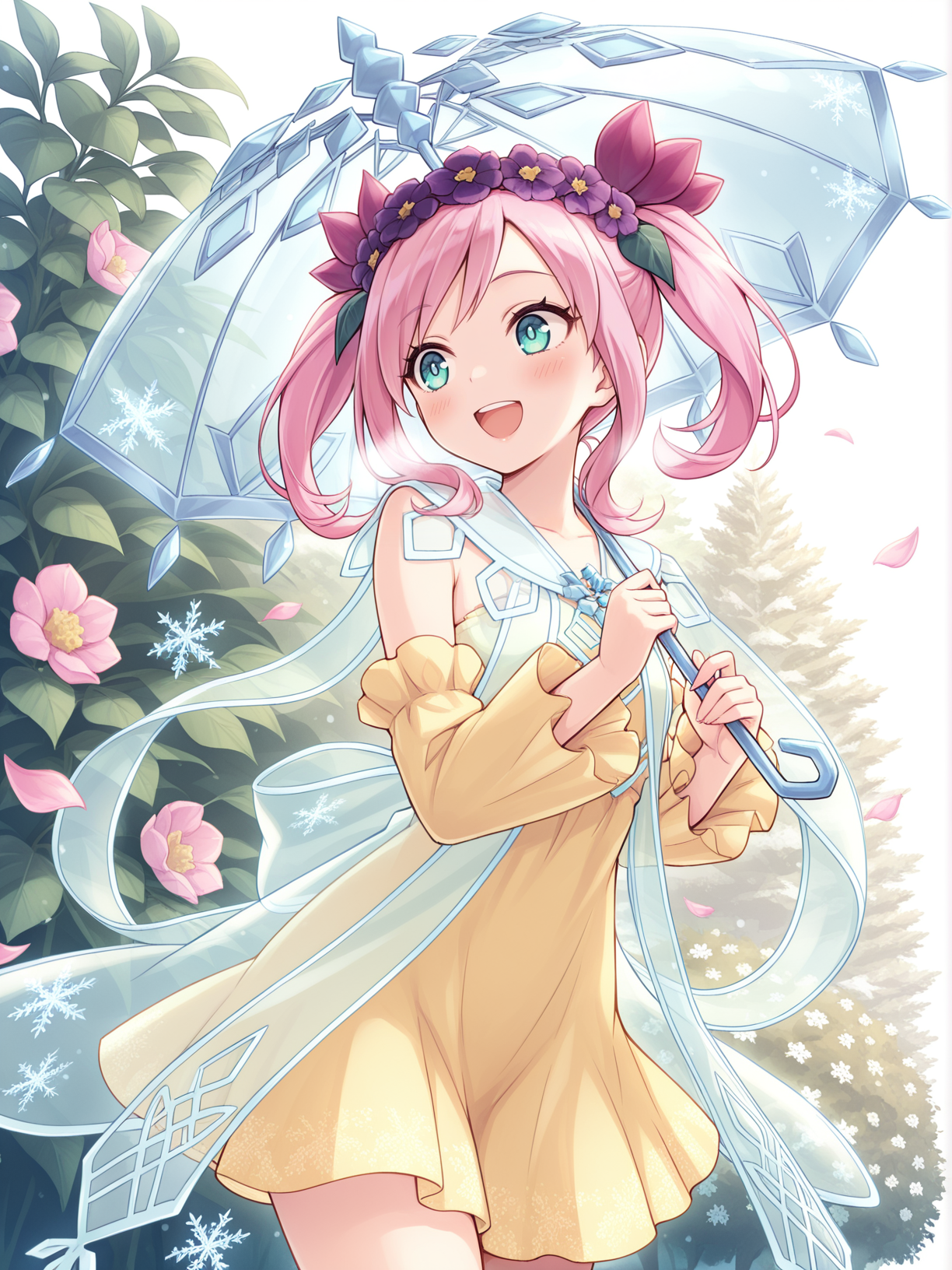 1girl,rikka queen strenna,solo,open mouth,smile,crystal umbrella,holding crystal umbrella,looking to the side,snowflakes,:d,cowboy shot,standing,white background,simple background,blush,purple hair flower,see-through cape,yellow detached sleeves,yellow strapless dress,winter,garden, pink petals, 
masterpiece,best quality,amazing quality,very aesthetic,absurdres,newest,<lora:Rikka Queen Strenna illusXL v1.1:0.7>,