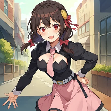 score_9, score_8_up, score_7_up, score_6_up, score_5_up, score_4_up, BREAK source_anime,city,outdoor,smile,standing,put hands on hips,<lora:Yunyun_V1:0.8>yunyun, black hair, hair ornament, red eyes,hair bow,red bow, crown braid,black shirt, long sleeves,pink necktie, belt, cleavage cutout, pink skirt,