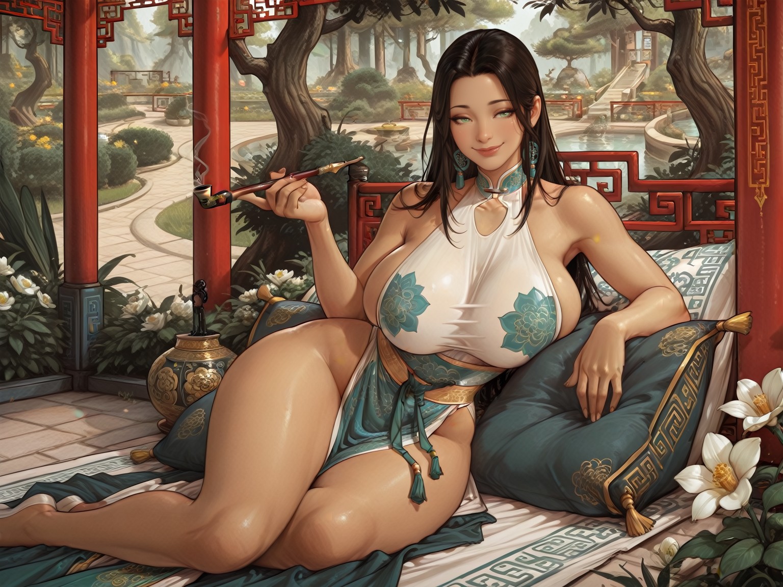 tradchn, ((chinese ink artstyle)), 1girl, solo, farahdg, smile, seductive, white flower pattern, cheongsam, lounging on cushions, relaxing in walled garden, detailed garden, large breasts, wide hips, holding a smoking  pipe, scenery, masterpiece, best quality <lora:tradchn-10Illu:1> <lora:farah illuLoRA DG :0.85> <lora:王子武25-皇名月45-李吉吉35-伊吹鸡腿子30-刘继卣10-迟迟10:0.85>