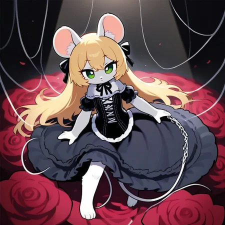 Chloe,1girl,solo,long hair,blonde hair,animal ears,green eyes,furry female,mouse ears,mouse girl,mouse tail,body fur,white fur,bangs,animal nose. wearing gothic costume, detailed shadows, detailed body, standing on rose field, high quality lighting, high quality shadows, dark space background, spotlight effect, adorable expression, detailed fur, masterpiece, focused angle, puppet strings on body, detailed rat feet, rose petals in the air, bare shoulders, laying down sideways