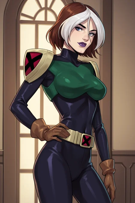 PonyXLV6_Scores BREAK ((parody), perfect anatomy, perfect eyes, cowboy shot) <lora:add_details_xl:0.8> BREAK <lora:RogueEVO:0.8> anne marie, short hair, multicolored hair, two-tone hair, brown hair, white hair, makeup, lipstick, purple lips, flirting, raised eyebrow, ((looking at viewer)), armor, bodysuit, shoulder pads, belt, brown gloves, large breasts, curvy, toned, athletic, standing, hands on hip, indoors
