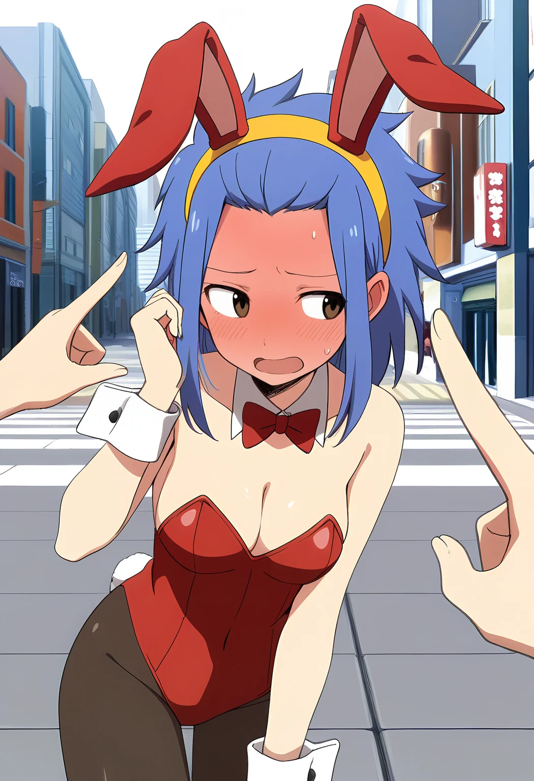 1girl, solo,
<lora:LevyMcGardenBunny_Illu_Dwnsty:1>, lvymcgrdbn, brown eyes, blue hair, medium hair, spiked hair, hair slicked back, sidelocks, yellow headband, fake animal ears, playboy bunny, detached collar, red bowtie, red leotard, strapless, wrist cuffs, rabbit tail, black pantyhose, full-face blush, shy, averting eyes, embarrassed, timid, open mouth, sideways glance, on side, head rest, finger frame,
city, daylight, streets, buildings, windows, sunlight, shadows, empty, pavement, urban, skyline, quiet, modern,
medium breasts, detailed face, detailed eyes, cowboy shot,
masterpiece, absurdres, amazing quality, aesthetic, newest,