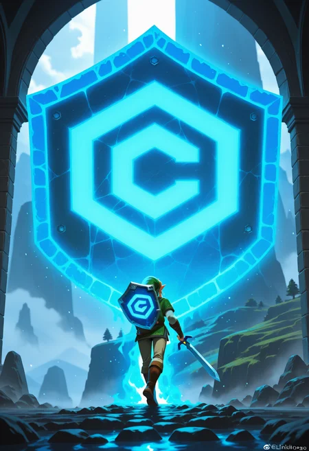 masterpiece, best quality, amazing quality, , ,,,<lora:civitlogoIllustrious:1>
1girl, glowing civitailogo shaped shield, sword, link,