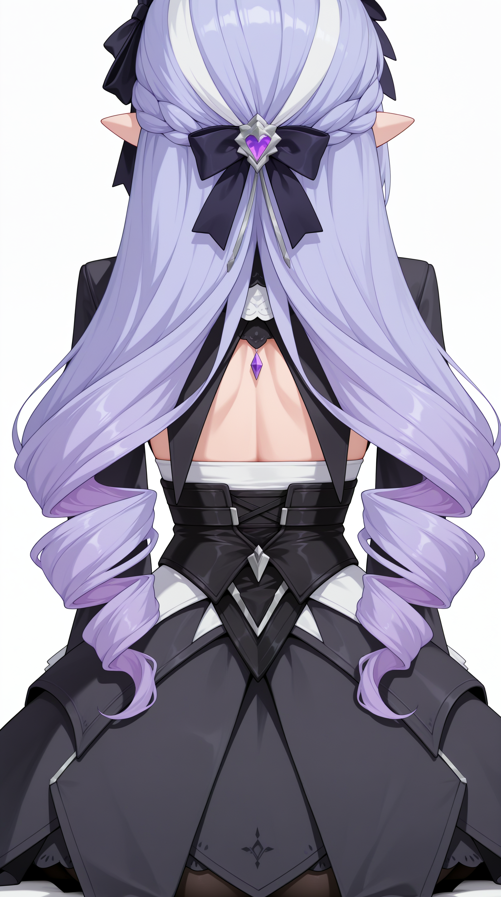 masterpiece, best quality, simple background, white background, amazing quality, very aesthetic, absurdres, best quality, 4k, upscale,    Vivian_zzz, 1girl, long hair, black pantyhose, black dress, drill hair, purple hair, long sleeves, multicolored hair, sitting, from behind, back, pointy ears, french braid, from behind, streaked hair, facing away, black bow, hair bow, ribbon  <lora:Vivian_ZZZILLUS:1>