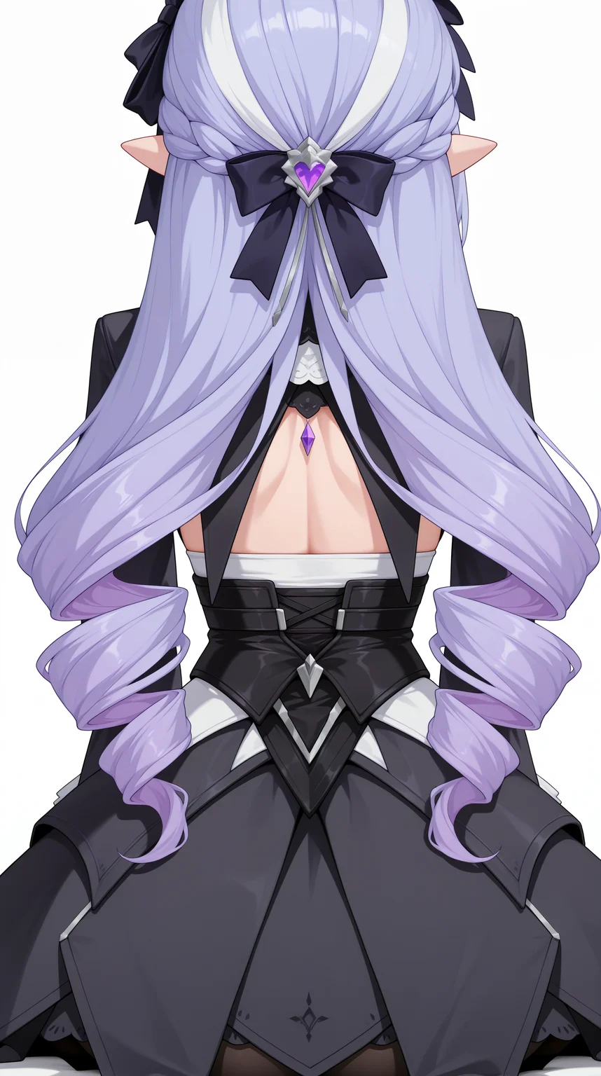 masterpiece, best quality, simple background, white background, amazing quality, very aesthetic, absurdres, best quality, 4k, upscale, Vivian_zzz, 1girl, long hair, black pantyhose, black dress, drill hair, purple hair, long sleeves, multicolored hair, sitting, from behind, back, pointy ears, french braid, from behind, streaked hair, facing away, black bow, hair bow, ribbon <lora:Vivian_ZZZILLUS:1>