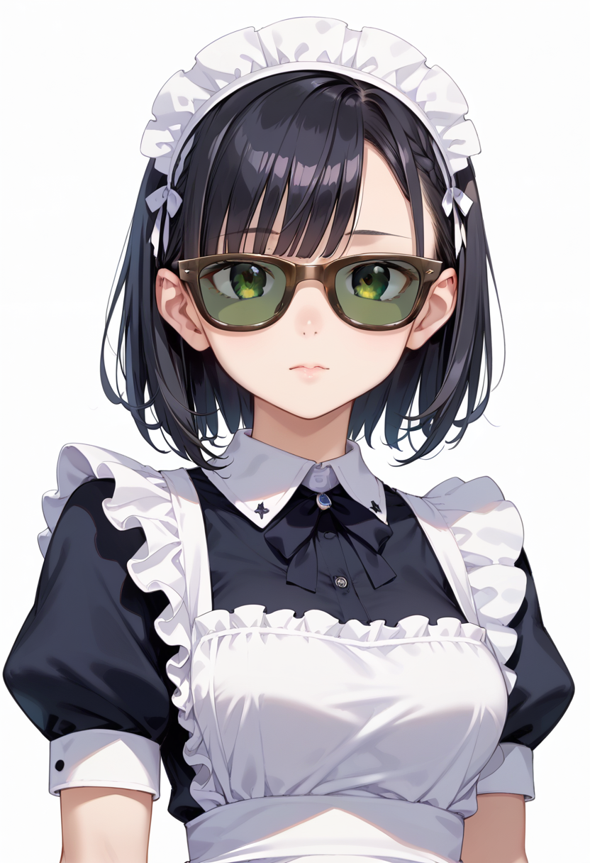 score_9, score_8_up, score_7_up, rating_safe, masterpiece, best quality, absurdres, unity 8k wallpaper, official art, official style, source_anime, uncensored, game cg, megami magazine,
1girl, solo, black hair, medium hair, upper body, covered eyes,maid, maid headdress, black dress, maid apron, face focus,
sg_WAYFARER, sunglasses, covered eyes, white background, simple background, darkgreen tinted eyewear, brown-framed eyewear, 
 <lora:glasses_wayfarer_PONY_V1:1>