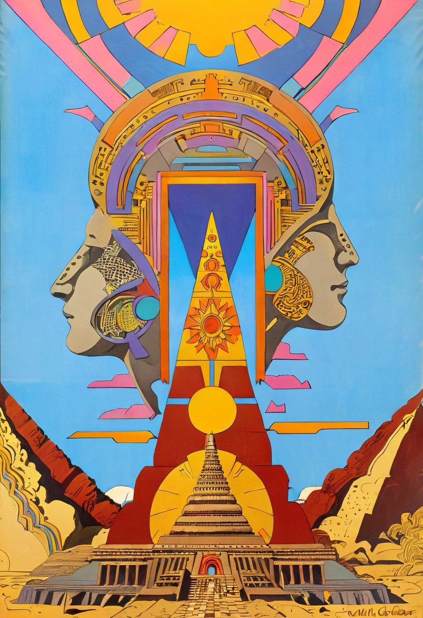 a design of inspirational ancient:futuristic civilization in the style of milton-glaser, population, harmonious intricate motivational society, monumental, temple of sun goddess