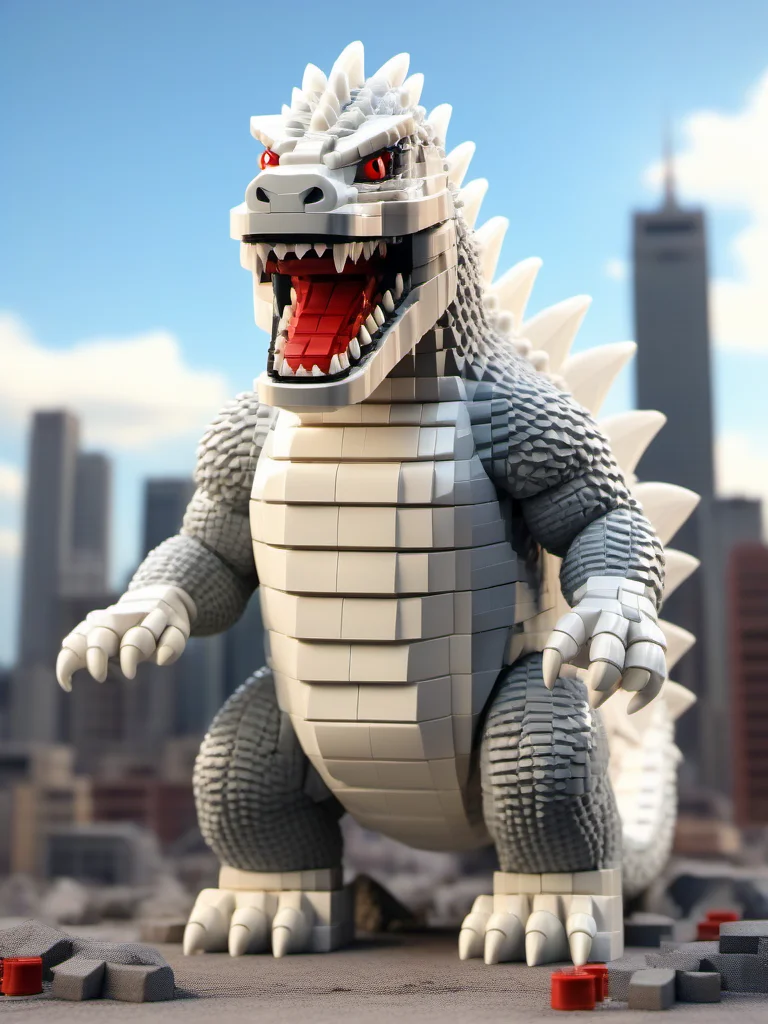 BJ_Lego_bricks, Godzilla, solo, open_mouth, red_eyes, standing, full_body, outdoors, sky, teeth, tongue, blurry, pokemon_\(creature\), no_humans, sharp_teeth, building, claws,
3D Model,8k,intricate,highly detailed,digital photography,(masterpiece, sidelighting, finely detailed beautiful eyes:1.2),hdr,realistic,high definition,<lora:Lego_World_SDXL_v2:0.7>,