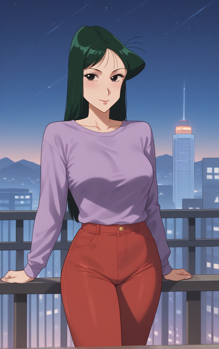 score_9, score_8_up, score_7_up, looking at viewer,  BREAK
Shirt_UmeMatsuzaka_ownwaifu, 
1girl, green hair, straight hair, long hair, black eyes, medium breasts,  breasts, mature female, 
long sleeves, purple shirt, purple sweater, red pants,  
retro artstyle, 1980s (style), 1990s (style), 
(standing, arm_support), railing, cityscape, night, city, city lights, scenery, starry sky, outdoors, <lora:PONYXL_ShinChan_UmeMatsuzaka_ownwaifu:0.8> , depth of field, solo,