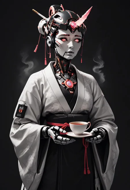score_9, score_8_up, score_7_up, source_anime,
1girl, solo, looking at viewer, japanese, kimono, head-mounted horn, glowing, humanoid robot, geisha, holding a steaming cup of tea, asdfm3cha
, science fiction,, asdfm3cha, monochrome, glow, neon
WORLD MORPH MATCHES, FIRE, monochrome, glow, neon, asdfm3cha