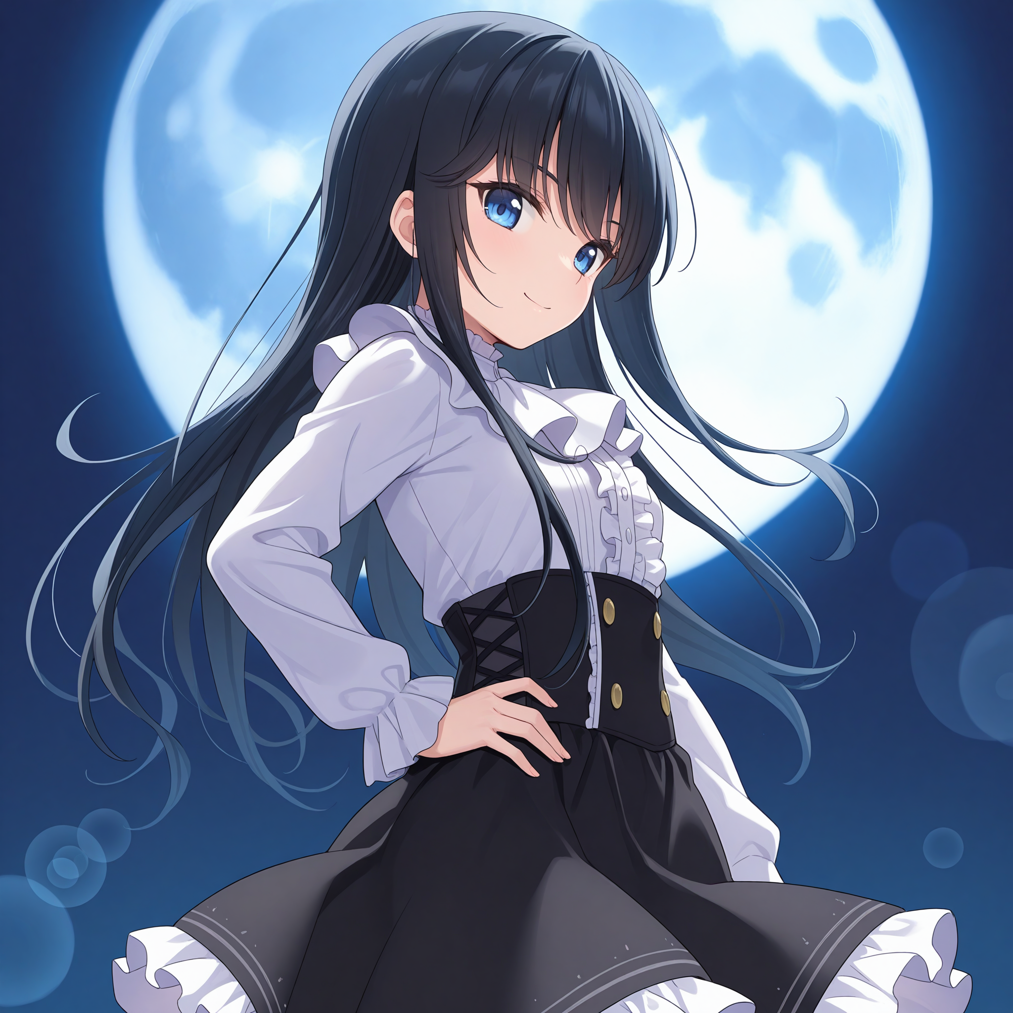 <lora:Natsuki_Minamiya_1_nai-000038:1>,
Natsuki Minamiya,blue eyes,
frills,corset,long sleeves,white shirt,center frills,black skirt,frilled skirt,high-waist skirt,
1girl,solo,smile,night,simple background,full moon,huge moon,from side,hand on own hip,looking at viewer,looking down,depth of field,lens_flare,