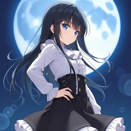 <lora:Natsuki_Minamiya_1_nai-000038:1>,
Natsuki Minamiya,blue eyes,
frills,corset,long sleeves,white shirt,center frills,black skirt,frilled skirt,high-waist skirt,
1girl,solo,smile,night,simple background,full moon,huge moon,from side,hand on own hip,looking at viewer,looking down,depth of field,lens_flare,
