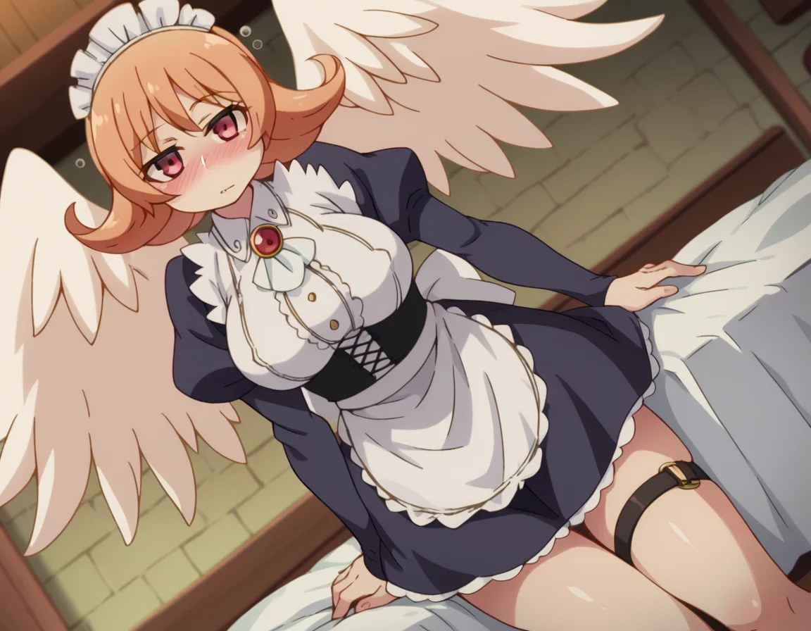 score_9, score_8_up, score_7_up, source_anime,
reviewermeidri, <lora:reviewer-meidri-ponyxl-lora-nochekaiser:1>
meidri, short hair, bangs, red eyes, orange hair, flipped hair, mature female,
long sleeves, dress, jewelry, frills, wings, puffy sleeves, apron, maid, maid headdress, thigh strap, juliet sleeves, brooch, white apron, feathered wings, maid apron, puffy long sleeves, white wings,
indoors, bed, bed room, on side, blush, drunk,
looking at viewer, dutch angle, cowboy shot,