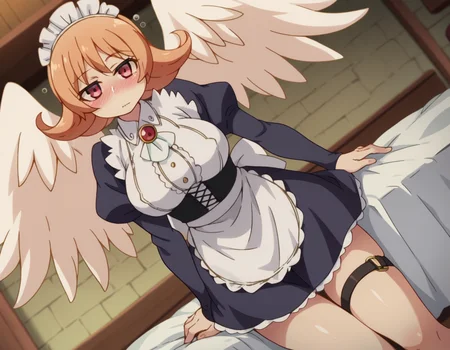 score_9, score_8_up, score_7_up, source_anime,
reviewermeidri, <lora:reviewer-meidri-ponyxl-lora-nochekaiser:1>
meidri, short hair, bangs, red eyes, orange hair, flipped hair, mature female,
long sleeves, dress, jewelry, frills, wings, puffy sleeves, apron, maid, maid headdress, thigh strap, juliet sleeves, brooch, white apron, feathered wings, maid apron, puffy long sleeves, white wings,
indoors, bed, bed room, on side, blush, drunk,
looking at viewer, dutch angle, cowboy shot,