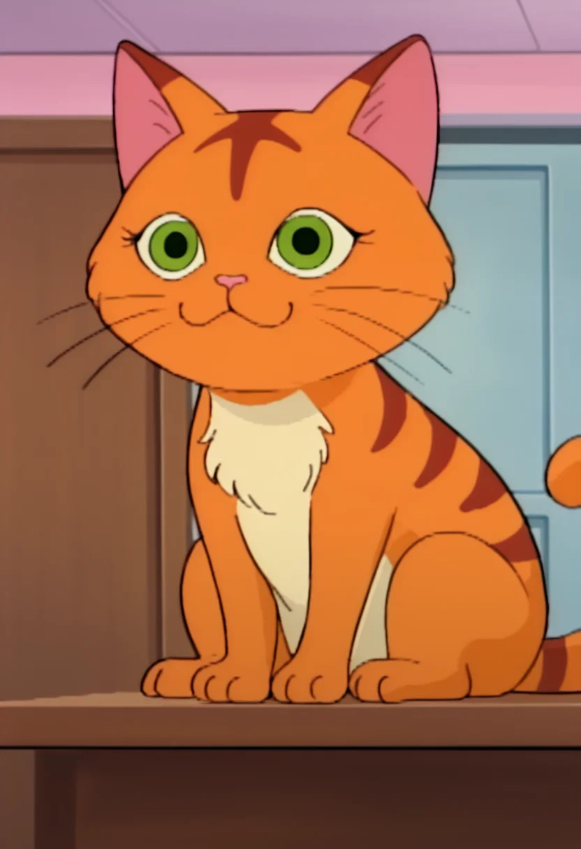 best quality, masterpiece, absurdres, newest, highly detailed, (official style: 1.1), cartoon, parody,
<lora:TMNT_1987_-_Cartoon_Screen_Captured_Style:1> 1987tmnt5tyl3, 1 cat, stripes, orange fur, green eyes, solo, animal, house cat, indoors, sitting on a table,
