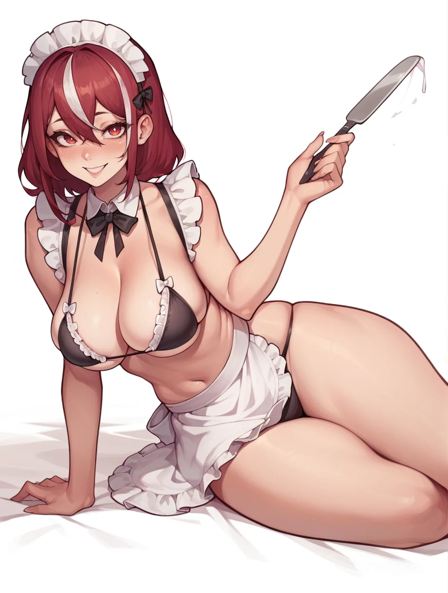 score_9, score_8_up, score_7_up, <lora:AsuraV2:0.8>
1girl, red hair, white streaked hair, large breasts, frilled bikini, maid apron, maid headdress, looking at viewer, skindentation, smile, blush, thick thighs, bikini, white background, bare shoulders,