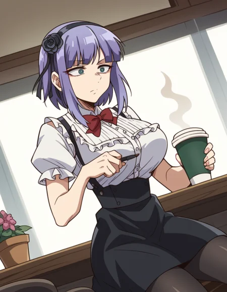 score_9, score_8_up, score_7_up, source_anime, <lora:hotaru-shidare-s2-ponyxl-lora-nochekaiser:1>, hotaru shidare, short hair, blue eyes, hair ornament, purple hair, flower, hairband, hair flower, ringed eyes, large breasts,, skirt, pantyhose, high heels, black pantyhose, high-waist skirt, shirt, frilled shirt, bowtie, red bowtie, puffy sleeves, short sleeves,, cafe, coffee cup, barista, sitting down, talking, relaxing, sunlight through window, , , arm flexed showing muscle, solo,, cowboy shot, dutch angle