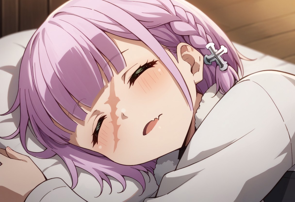 score_9, score_8, score_7, source_anime, rcleonica, braid, scar, cross hair ornament, skin fang, sleeping