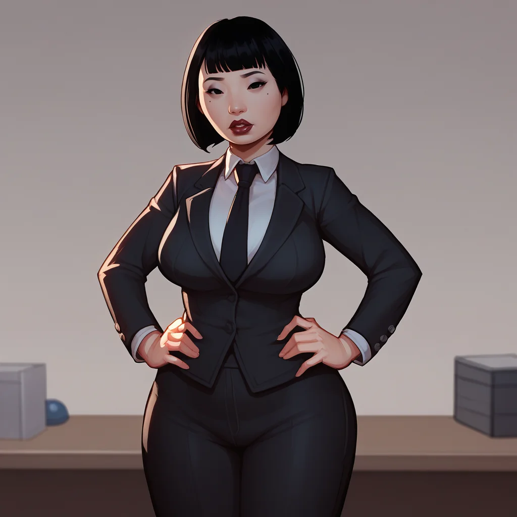 score_9_up, score_8_up, BREAK, Asian, 1girl, solo, black hair, bob cut, black eyes, black suit, necktie, black pants, cowboy shot, <lora:AsianWoman_Face_PXL_Leaf1:1>, office lady, mature female, lipstick, hands on own hips,