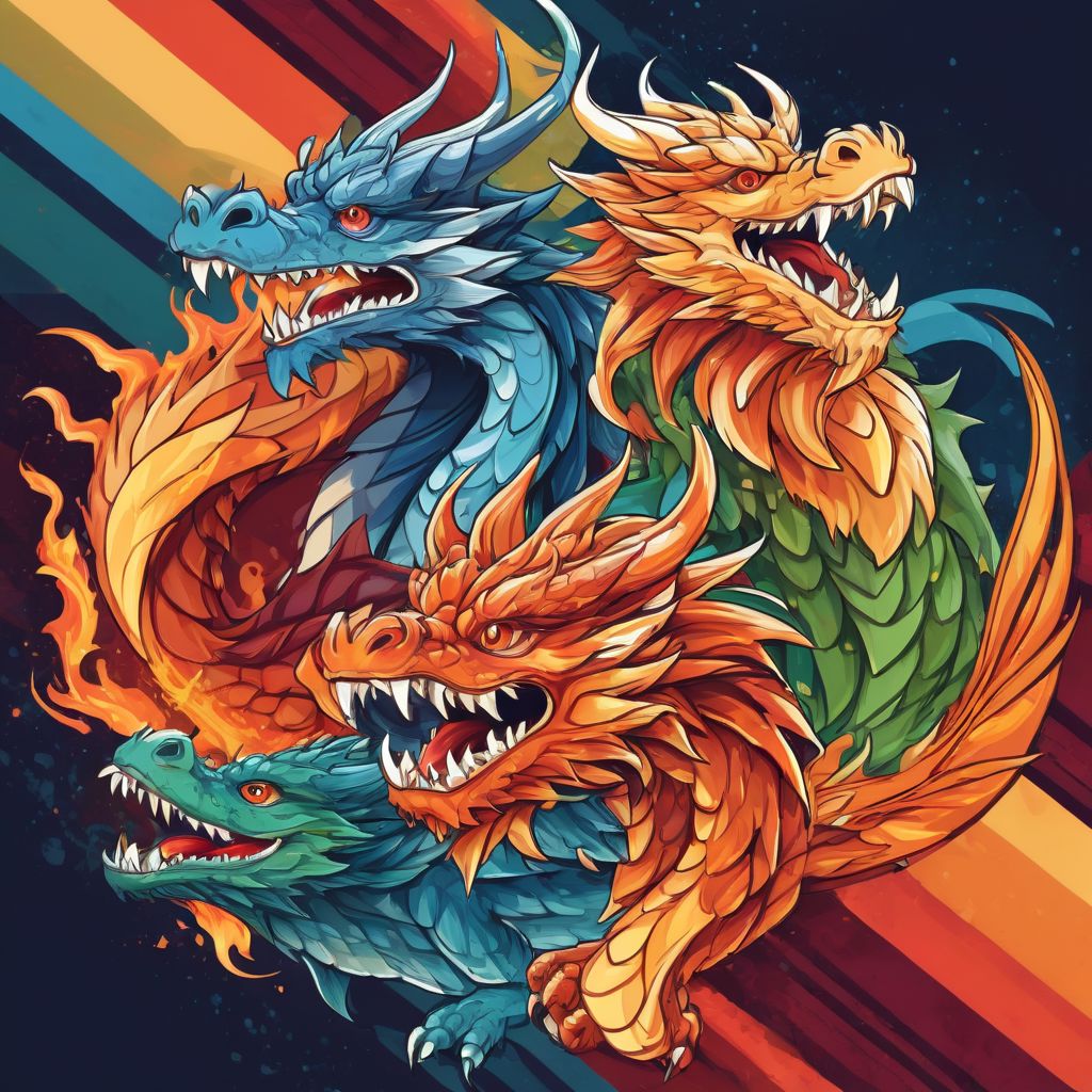 (stylized mascot logo,  vector art),  (four dragons representing the natural elements of  fire, water, air, earth), (solid colors, thick-linework), white outline, background of  on solid medium-tone color diagonal stripe backdrop,  HDR, UHD, vibrant, dynamic, (detailed:1.36)