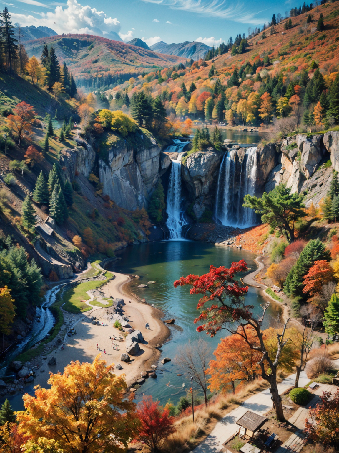 waterfall, lake, red maple tree, maple leave, autumn, (masterpiece),((ultra-detailed)), (highly detailed CG illustration),(expressionless), (best quality:1.2), High quality texture, intricate details, detailed texture, High quality shadow, Cinematic Light, Depth of field, light source contrast, perspective,20s, (ulzzang-6500-v1.1:0.5), <lora:epi_noiseoffset2:1>, <lora:add_detail:0.8>,