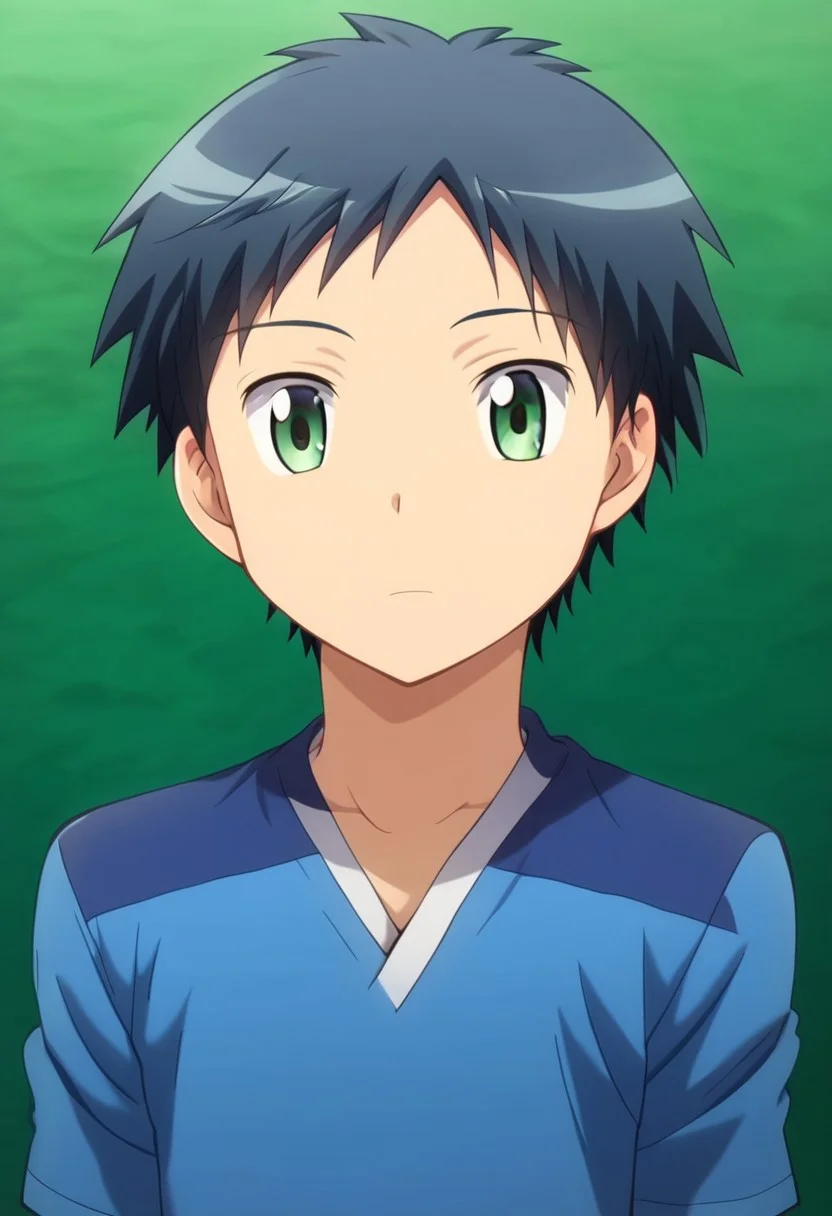 hikarishi_kenji, blond hair, short hair, bangs, green eyes, young man, 1boy, solo, solo focus, (kenji's hair:1.1), (tomohito's body:1.20)