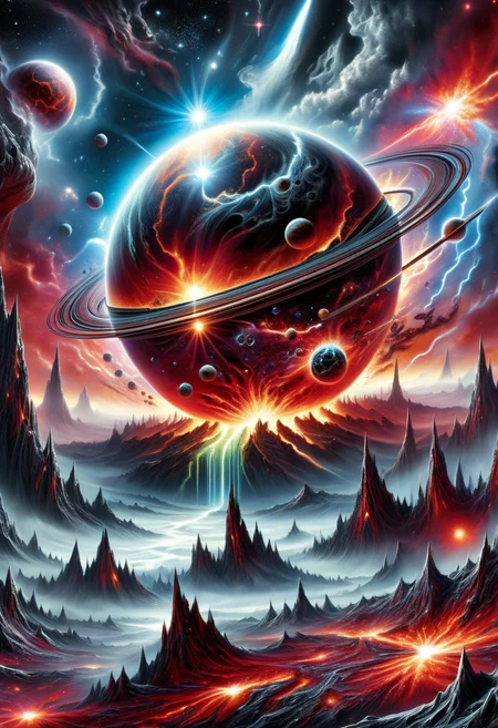 DonMD347hM374lXL hyper detailed masterpiece, dynamic realistic digital art, awesome quality,balmy paradise,liquid oracle's chamber,steamy celestial planet glare effects,nebula, frosty,ebullient,glimmering,space-age, death metal <lora:DonMD347hM374lXL:1>