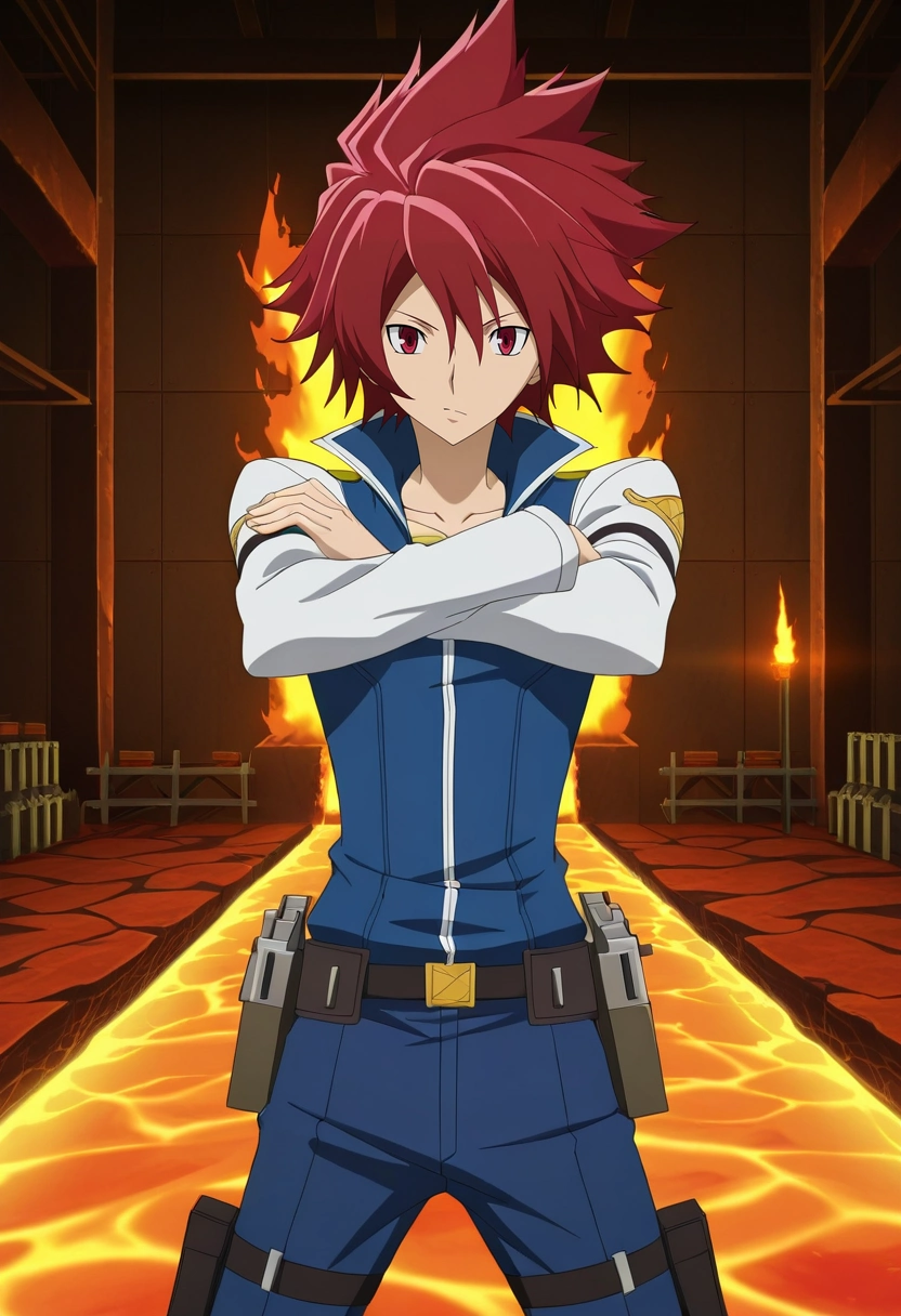 masterpiece, best quality, anime screencap, official style, anime coloring, cowboy shot, 1boy, solo, male focus, <lora:takuto_tsunashi_ilxl:0.98>, takuto_tsunashi, red hair, red eyes, spiked hair, bangs, , volcanic forge, lava flows, anvil station, tool racks, smithing pose, focused expression, fire lighting,