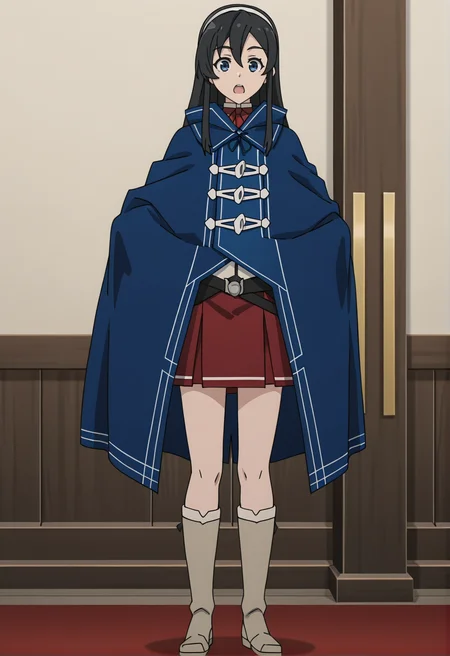 <lora:Shizuka NANAHOSHI_illustrious-000036:1>,
Shizuka NANAHOSHI, solo, ooyodo \(kancolle\), skirt, boots, red skirt, pleated skirt, open mouth, cape, full body, hairband, blue cloak, standing, blue cape, anime screencap