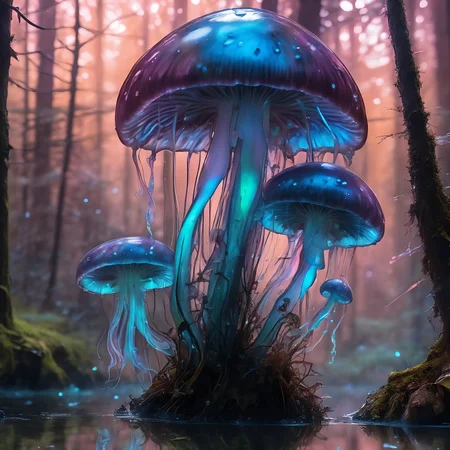 biolumiscent translucent tiny (glass jellyfishes merging into mushrooms:1.35) in wet moist forestal atmosphere, iridescent water drops, depth of field, bokeh, hyperreal, misty mysterious scenery, opaque paint on matte surface, Thomas Kinkade, MW Kaluta, Android Jones, Russ Mills, James Jean, Sui Ishida, Edwin Landseer, Albrecht Drer, ultradetailed, intricately detailed, well balanced color depth, Perfect Composition, iridescent watercolor, amazing depth, diffuse back light, polished, masterwork by head of prompt engineering, <lora:add-detail-xl:1.23>