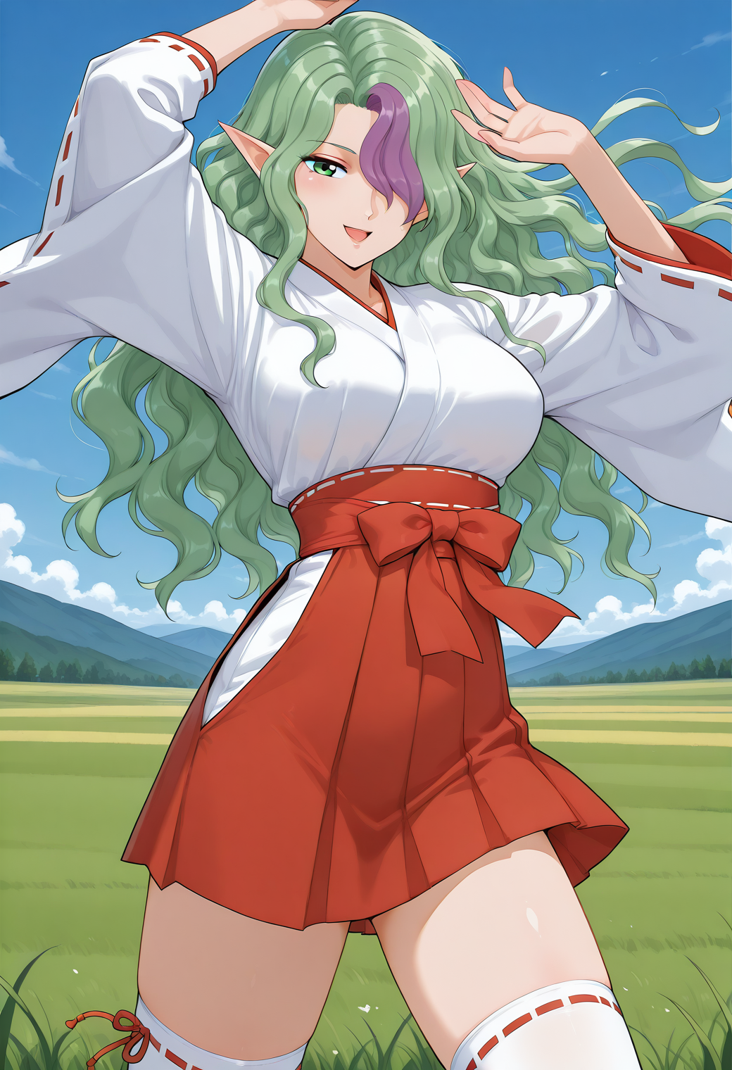 misery, pointy ears, green eyes, two-tone hair, green hair, purple hair, long hair, hair over one eye, wavy hair, miko, hakama short skirt, red hakama, white thighhighs, <lora:misery_illustrious_ver2:0.8> 
smile, open mouth,cowboy shot,, masterpiece, best quality, sensitive,, (dynamic pose:1.4),, 1girl, solo, blue sky, (grasslands:1.2), looking at viewer,