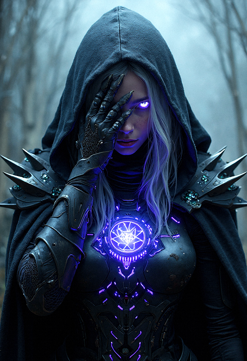 an ultra-realistic  of a cyber-gothic sorceress clad in a dark hooded cloak and spiked armor, embodying the fusion of magic and technology. Her silver hair flows messily under her hood, partially covering her face, which is illuminated by the eerie glow of her eyes—one violet and one cybernetic blue. She wears spiked, blackened armor with a subtle metallic sheen, layered with pulsing blue circuits that seem to weave in and out of the metal plates. The character’s chest features a glowing symbol that radiates both purple and blue light, hinting at a power source that melds mysticism with machinery. The background should suggest a dark, stormy landscape with swirling digital interfaces and holographic glyphs, all captured with a hyper-realistic focus on the textures of metal, and glowing circuitry.
Covering her violet eye with one hand, emphasizing the glow of the cybernetic blue.




