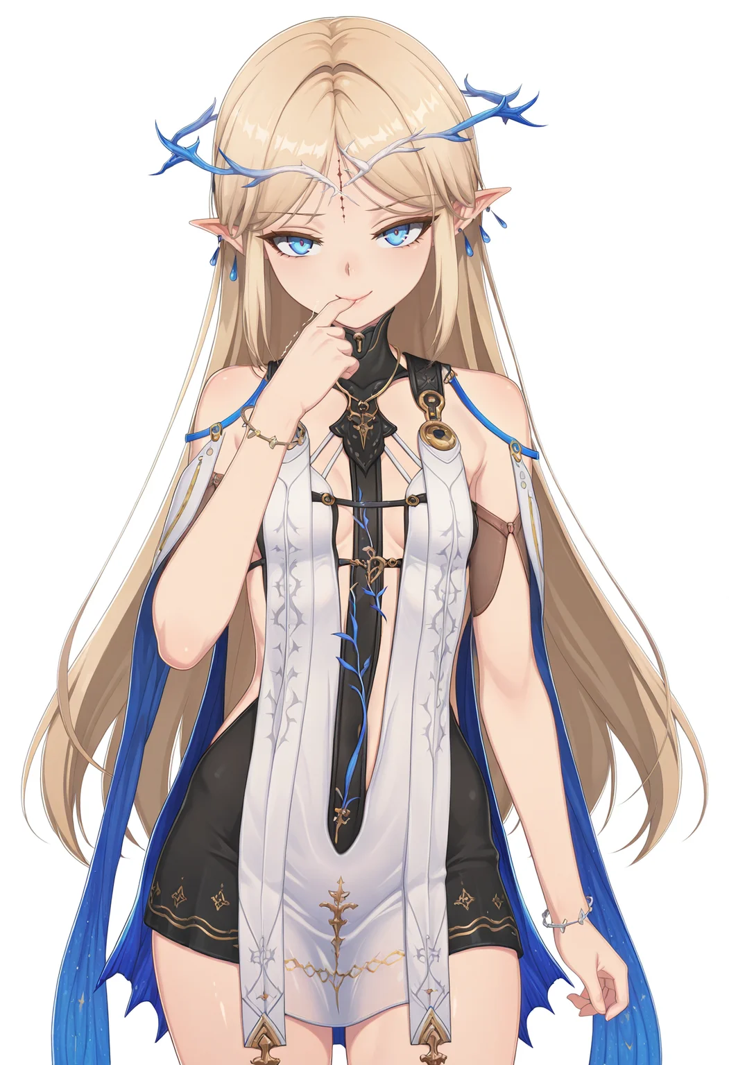 1girl, standing flirtatiously, shaking_hips playfully, finger tracing lips, seductive_pose, teasing_look, mid-range, cartex, blue eyes, blonde hair, forehead mark,ech0 outfit, bracelet, fantasy dress, earrings, long hair, small breasts, looking at viewer,
white background, masterpiece,best quality,amazing quality,
<lora:WuWa_cartethyia IL:0.8>
