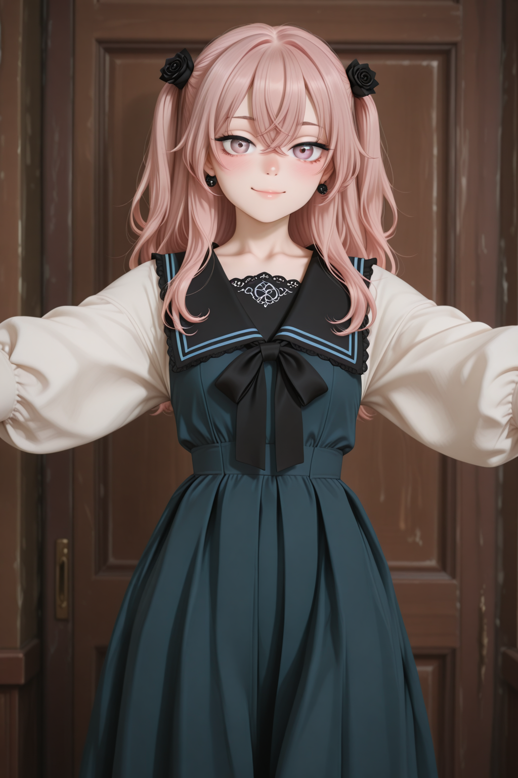 masterpiece, best quality, amazing quality, 1girl, solo, makeup, general, looking at viewer, blush, cowboy shot, smile, boutique, indoors, fancy, blush, lovely, spread arms, looking at viewer, <lora:sajuna-inui-s1-illustriousxl-lora-nochekaiser:1>, sajuna inui, inui sajuna, long hair, bangs, hair ornament, hair between eyes, pink hair, pink eyes, two side up, crossed bangs, black flower, black rose, mature female, small breasts, <lora:Lady_Lazy_Retro_Long_Sleeve_Dress:1>, Lady_Lazy_Retro_Long_Sleeve_Dress, long sleeves, puffy sleeves, white sleeves, long dress, blue dress, pleated dress, black sailor collar, jewelry, earrings, <lora:wai-2Rectified-V140:1>, <lora:Illustrious_-_Refiner:1>