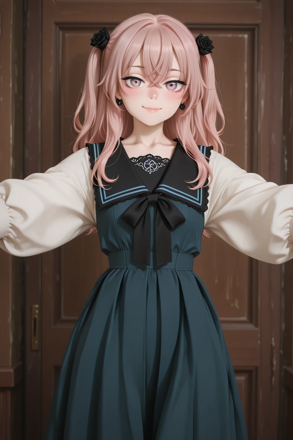 masterpiece, best quality, amazing quality, 1girl, solo, makeup, general, looking at viewer, blush, cowboy shot, smile, boutique, indoors, fancy, blush, lovely, spread arms, looking at viewer, <lora:sajuna-inui-s1-illustriousxl-lora-nochekaiser:1>, sajuna inui, inui sajuna, long hair, bangs, hair ornament, hair between eyes, pink hair, pink eyes, two side up, crossed bangs, black flower, black rose, mature female, small breasts, <lora:Lady_Lazy_Retro_Long_Sleeve_Dress:1>, Lady_Lazy_Retro_Long_Sleeve_Dress, long sleeves, puffy sleeves, white sleeves, long dress, blue dress, pleated dress, black sailor collar, jewelry, earrings, <lora:wai-2Rectified-V140:1>, <lora:Illustrious_-_Refiner:1>