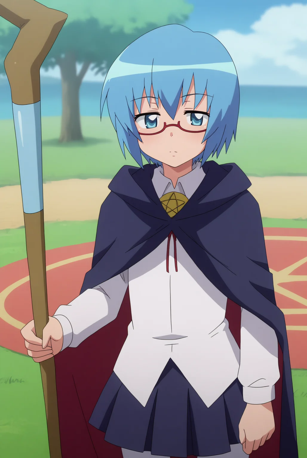 Tabitha, glasses, pentacle, cape, holding mage staff, solo <lora:Zero_no_Tsukaima-Tabitha-PDXL:0.8>