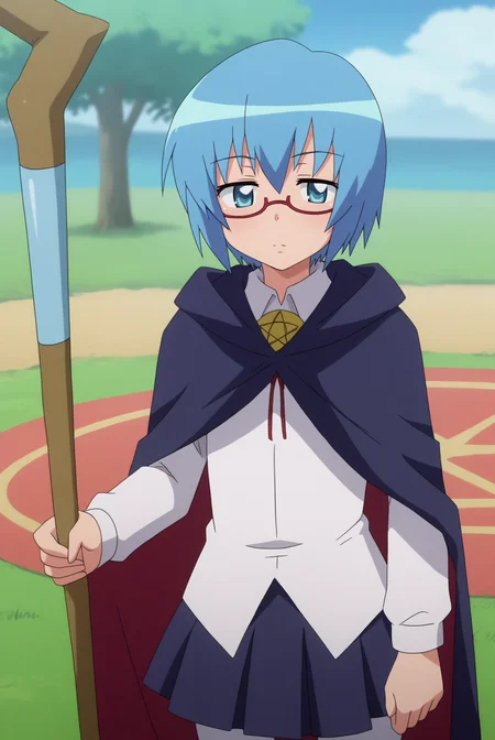 Tabitha, glasses, pentacle, cape, holding mage staff, solo <lora:Zero_no_Tsukaima-Tabitha-PDXL:0.8>