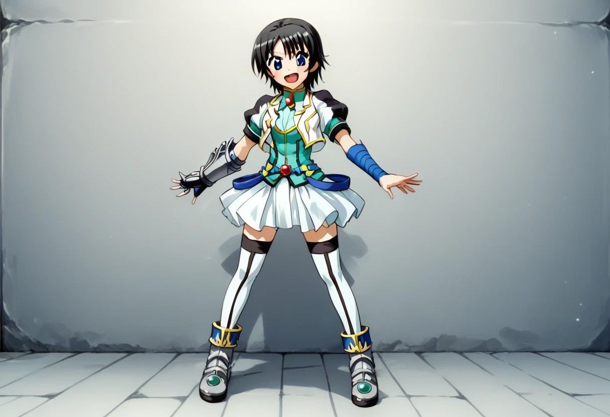 score_9, score_8_up, score_7_up, source_anime, good anatomy, 1girl, solo, NanamiTakatsuki, short hair, black hair, blue eyes, black and white cropped jacket with yellow trim, cyan shirt, blue belts, white pleated skirt, miniskirt, layered skirt, white thighhighs, blue anklet, metal shoes, red gem, armband, one metal gauntlet, standing, smiling, open mouth, contrapposto