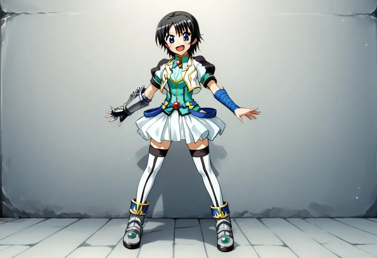 score_9, score_8_up, score_7_up, source_anime, good anatomy, 1girl, solo, NanamiTakatsuki, short hair, black hair, blue eyes, black and white cropped jacket with yellow trim, cyan shirt, blue belts, white pleated skirt, miniskirt, layered skirt, white thighhighs, blue anklet, metal shoes, red gem, armband, one metal gauntlet, standing, smiling, open mouth, contrapposto
